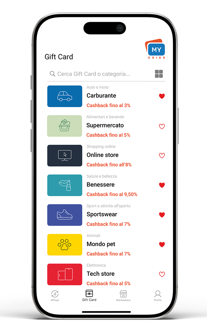 App MyUnion - sezione Gift Card